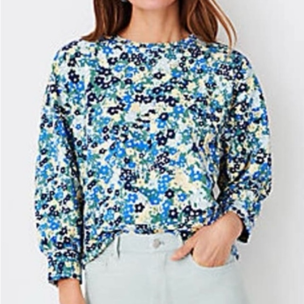 Ann Taylor Deep Azure Floral Print Long Puff Sleeve Sweatshirt. Size Large.